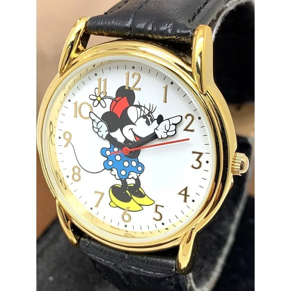 Disney Women's Watch Minnie Mouse WDS000410 Quartz Gold 35mm Black Leather Strap